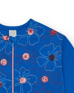 Veste en polaire bleue pour fille avec fleurs brodées et fermeture éclair