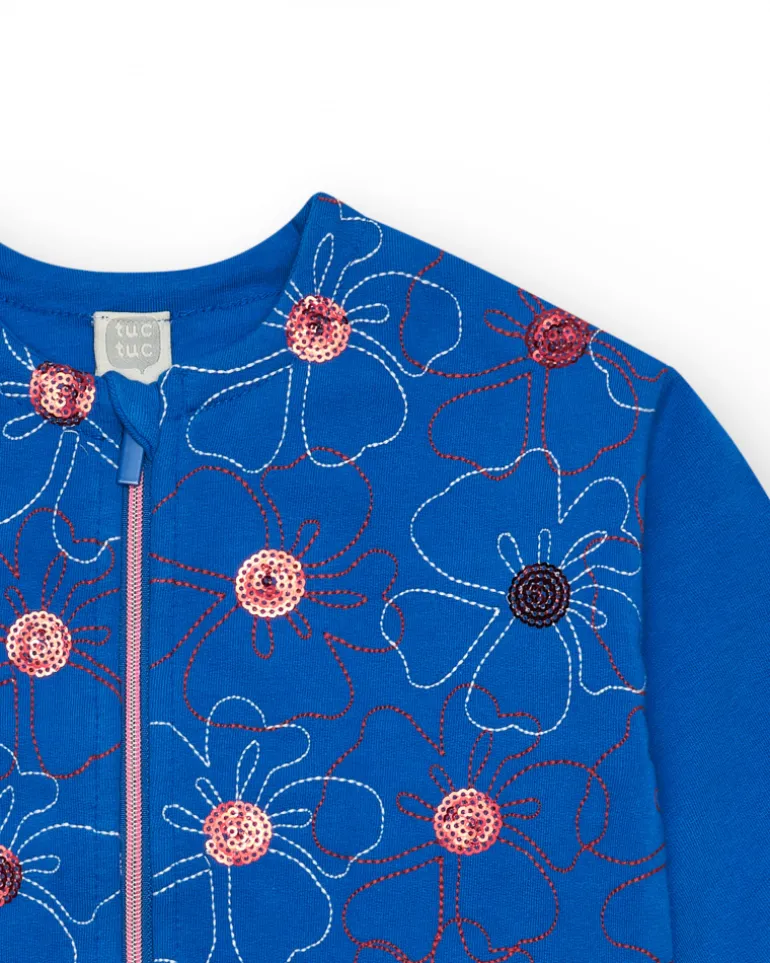 Veste en polaire bleue pour fille avec fleurs brodées et fermeture éclair