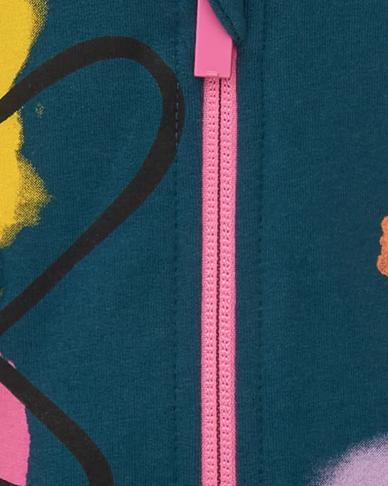 Veste en polaire bleue pour fille avec fermeture éclair rose et imprimé coloré