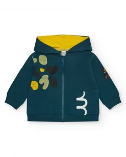 Veste en polaire verte pour garçon avec capuche jaune et fermeture éclair