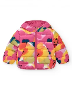Veste matelassée pour fille en rose avec imprimé floral et capuche