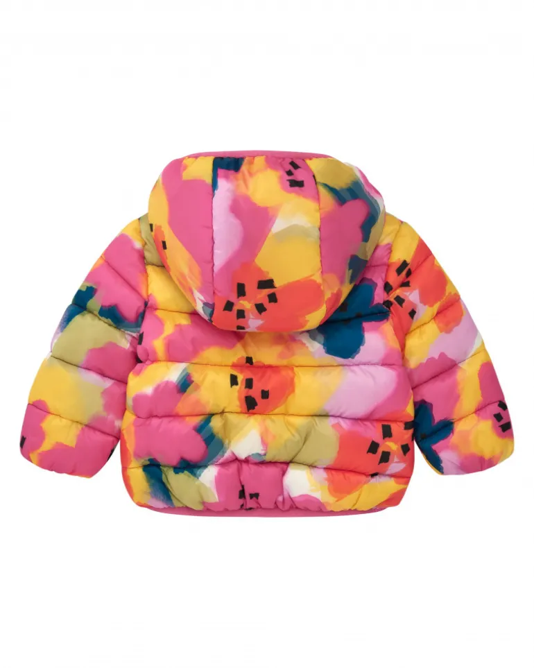 Veste matelassée pour fille en rose avec imprimé floral et capuche