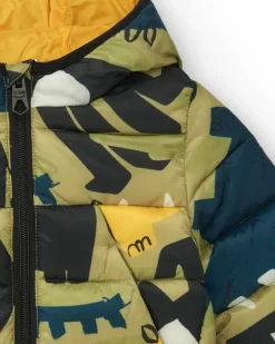 Veste matelassée verte pour garçon avec imprimé de dinosaures et doublure jaune