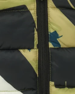 Veste matelassée verte pour garçon avec imprimé de dinosaures et doublure jaune
