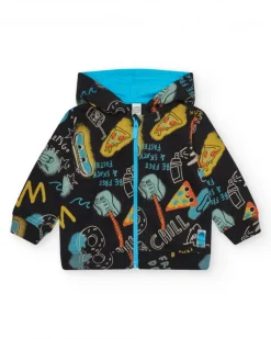 Veste noire pour garçon avec imprimé et capuche