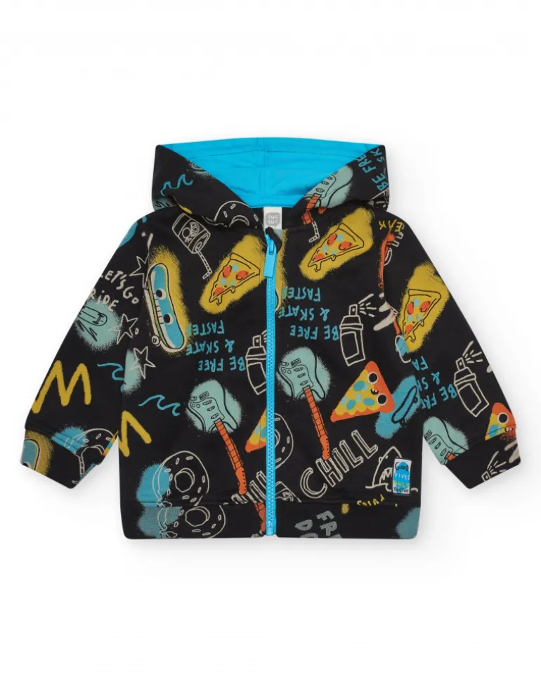 Veste noire pour garçon avec imprimé et capuche