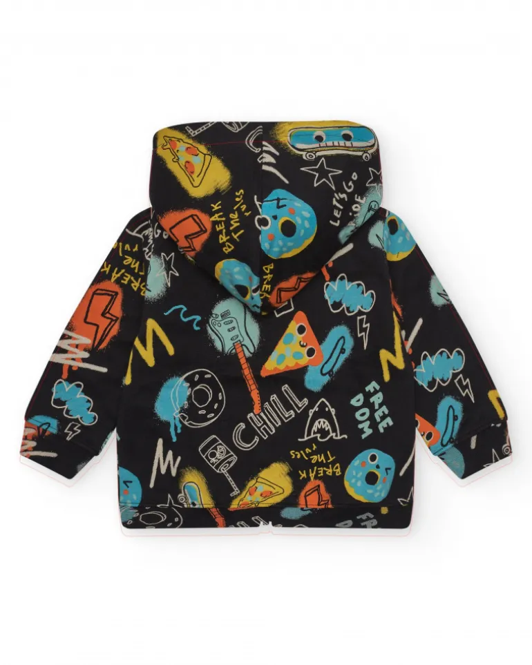 Veste noire pour garçon avec imprimé et capuche