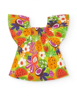 Vestido verde para niña con estampado tropical y mangas con volantes