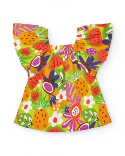Vestido verde para niña con estampado tropical y mangas con volantes