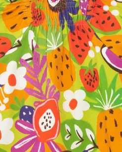 Vestido verde para niña con estampado tropical y mangas con volantes