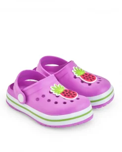 Zuecos para niña en fucsia con detalle de sandía